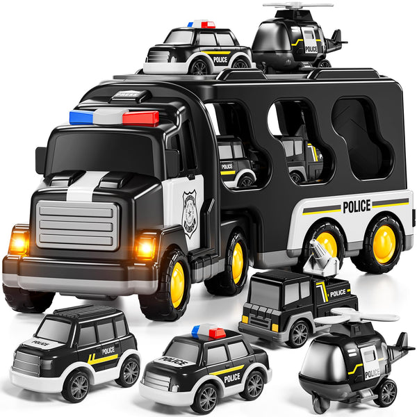 JUKUDAHU Police Truck Toy for 3 4 5 6 Years Old Boys - Carrier Vehicle Toy Set with 3 Small Cars and 1 Helicopter, Kids Firction Powered Car for Age 3-9, Gifts for Boys and Girls