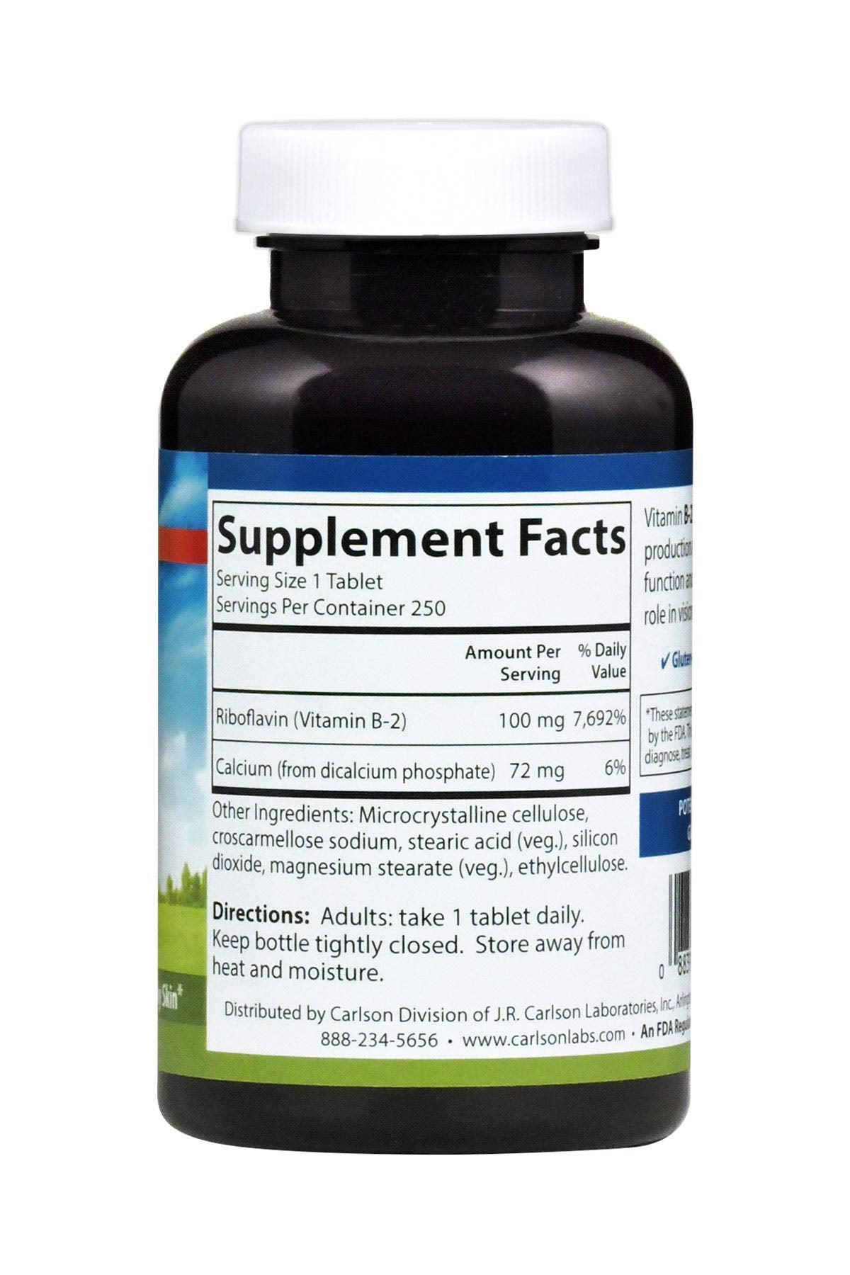 Carlson - B-2, 100 mg Riboflavin, Energy Production, Vision Support & Healthy Skin, 250 Vegetarian Tablets