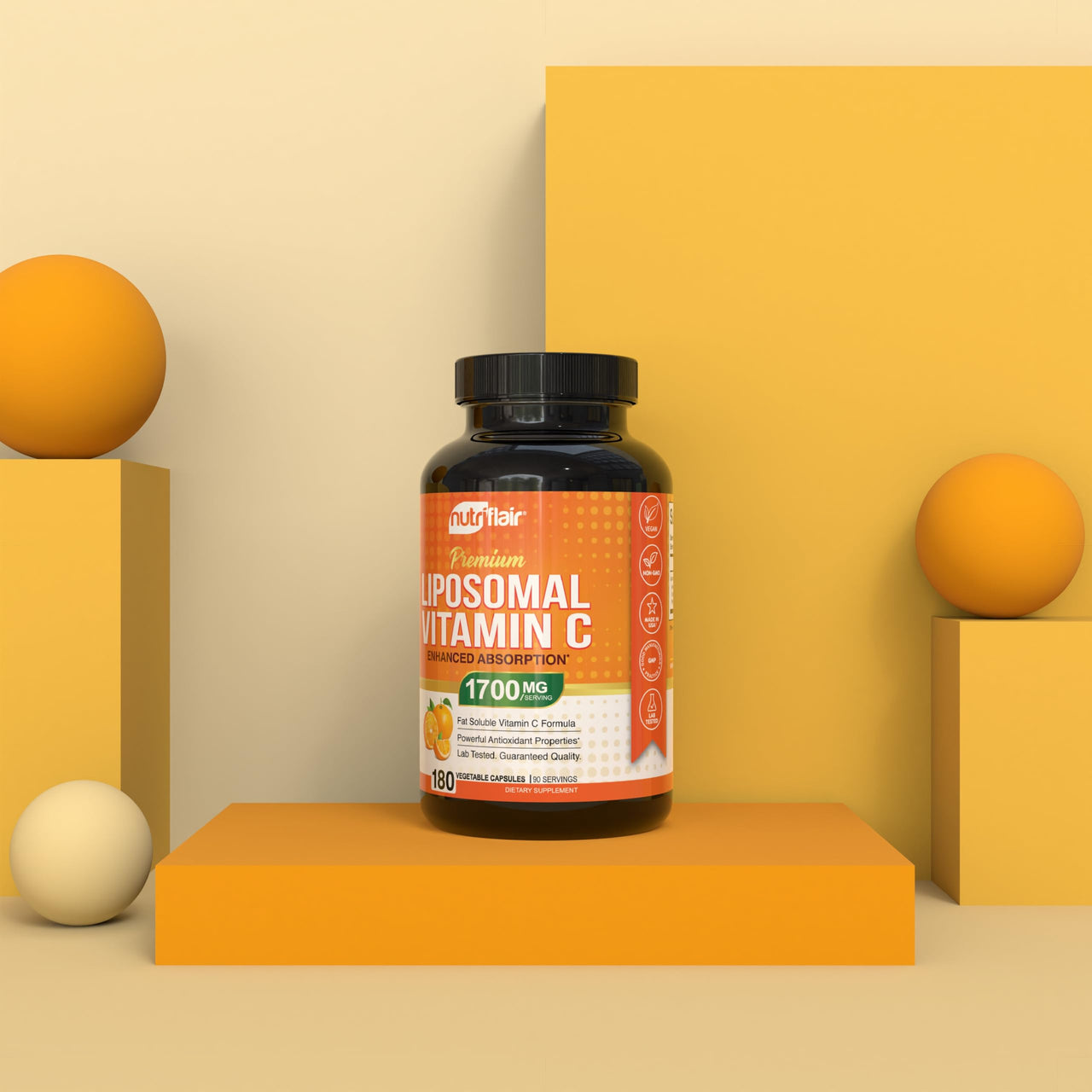 NutriFlair Liposomal Vitamin C 1700mg, 180 Capsules - High Absorption, Fat Soluble VIT C, Higher Bioavailability Immune System Support & Collagen Booster, Non-GMO, Vegan Pills