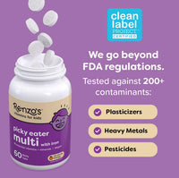 Thumbnail for Renzo's Picky Eater Kids Multivitamin with Iron, Dissolving Kids Vitamins with Vitamin D3 & K2 and More, 60 Sugar-Free Melty Tabs, Cherry Mo’ Cherry Flavored