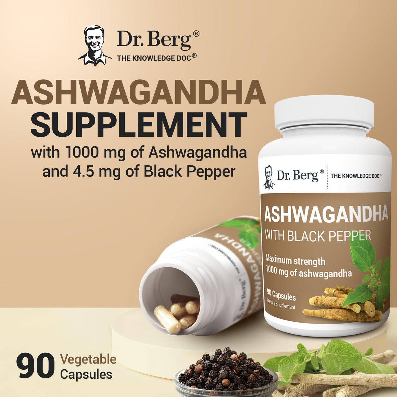 Dr. Berg Ashwagandha Capsules 1000mg - Includes Ashwagandha Root with Black Pepper from Bioperine - Ashwagandha Supplements 90 Capsules
