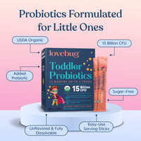 Thumbnail for Lovebug Kids Probiotic Powder with Prebiotic Fiber - Toddler Immunity Support & Constipation Relief - USDA Organic Probiotics for Childrens Gut & Digestive Health (Ages 1-4) - 30 Pack (Unflavoured)