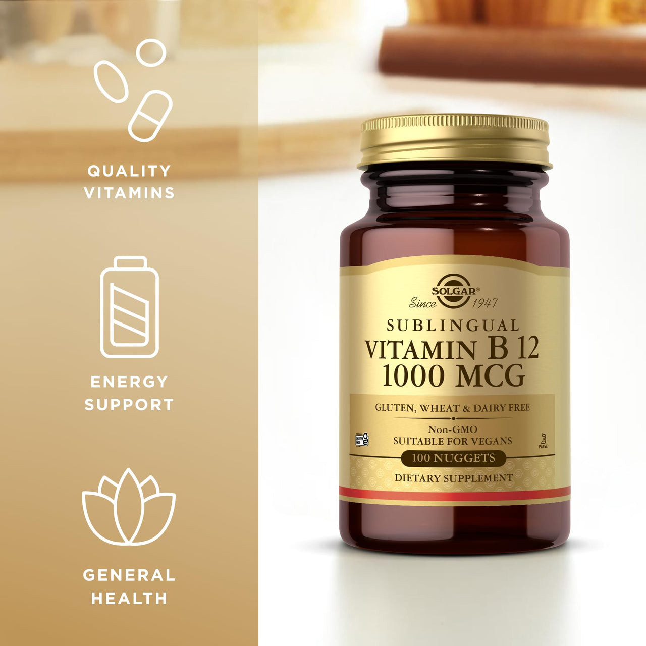 Solgar Sublingual Vitamin B12 1000 mcg - 100 Nuggets - Non-GMO, Vegan, Gluten Free, Dairy Free, Kosher, Halal - 100 Servings