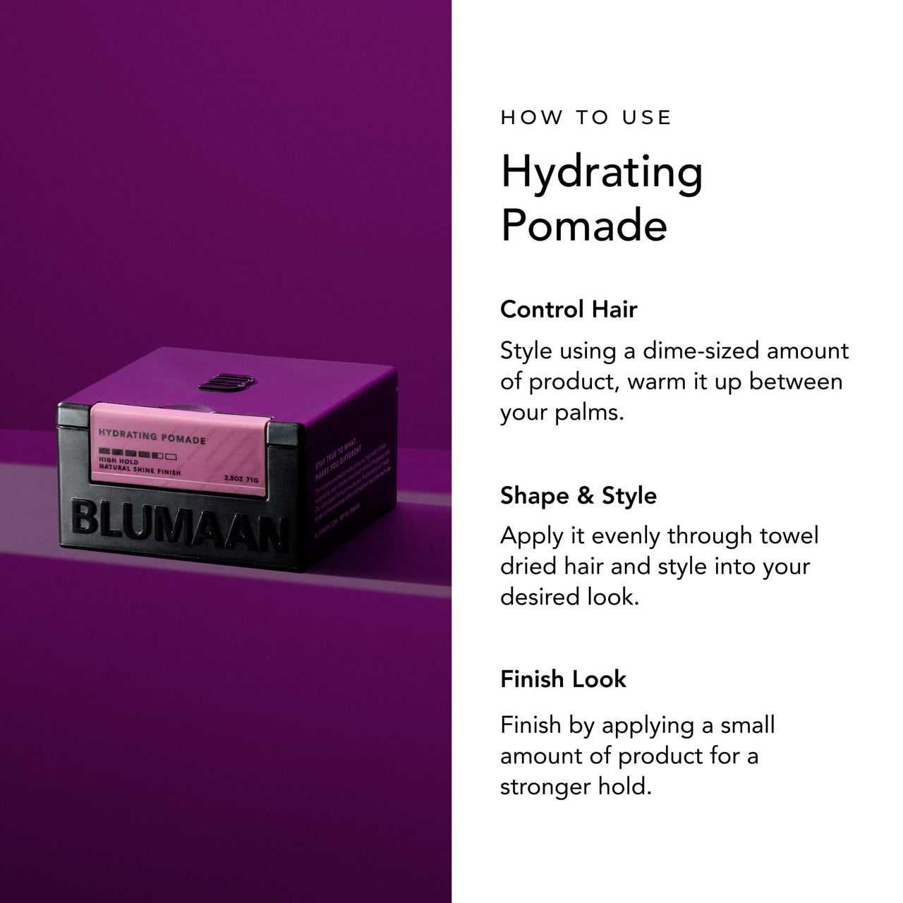 BluMaan Hydrating Pomade - Low Shine, High Hold - Water Based, Easy To Wash - Ideal for Quiffs, Pompadours, Ducktails & Slick Back Looks - 2.5 oz