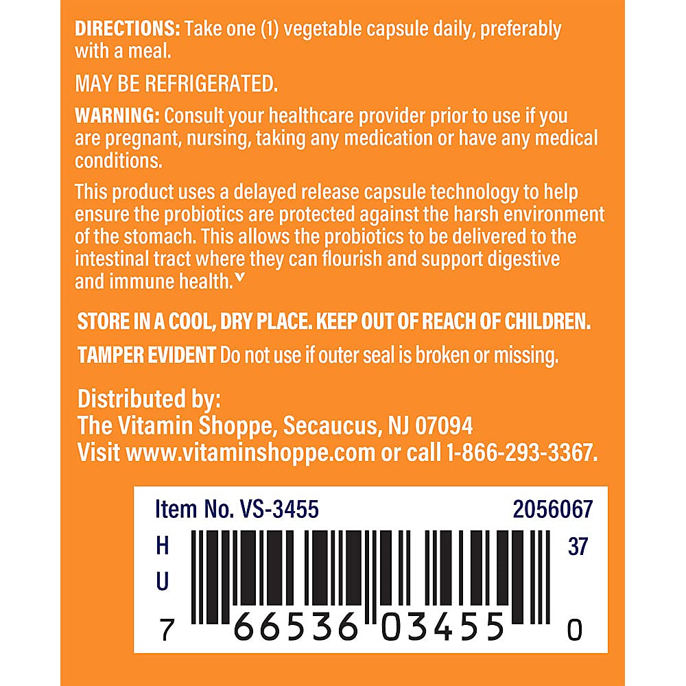 The Vitamin Shoppe Probiotic Delayed Release 50 Billion - with 10 Probiotic Strains to Support Digestive, Immune & Vaginal Health or Yeast Imbalance - Shelf Stable (60 Veggie Caps)