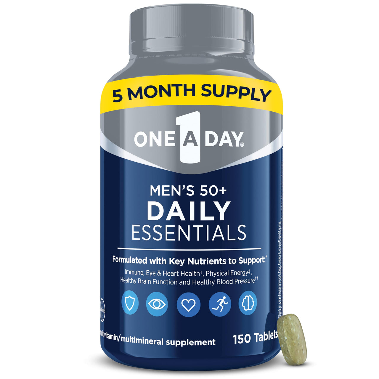 One A Day Men's Multivitamin 50+ Daily Essentials | Multivitamin for Men 50 Plus Supports Immune Health, Healthy Brain Function & Physical Energy | Vitamins for Men with Vitamin C & Zinc, 150 Count