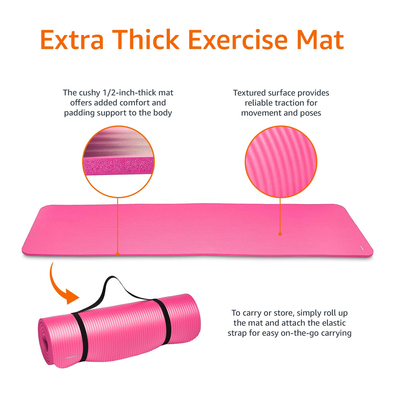 Amazon Basics 1/2 Inch Extra Thick Exercise Yoga Mat with Carrying Strap for Home Workouts and Fitness, 74" x 24" x 0.5", Pink