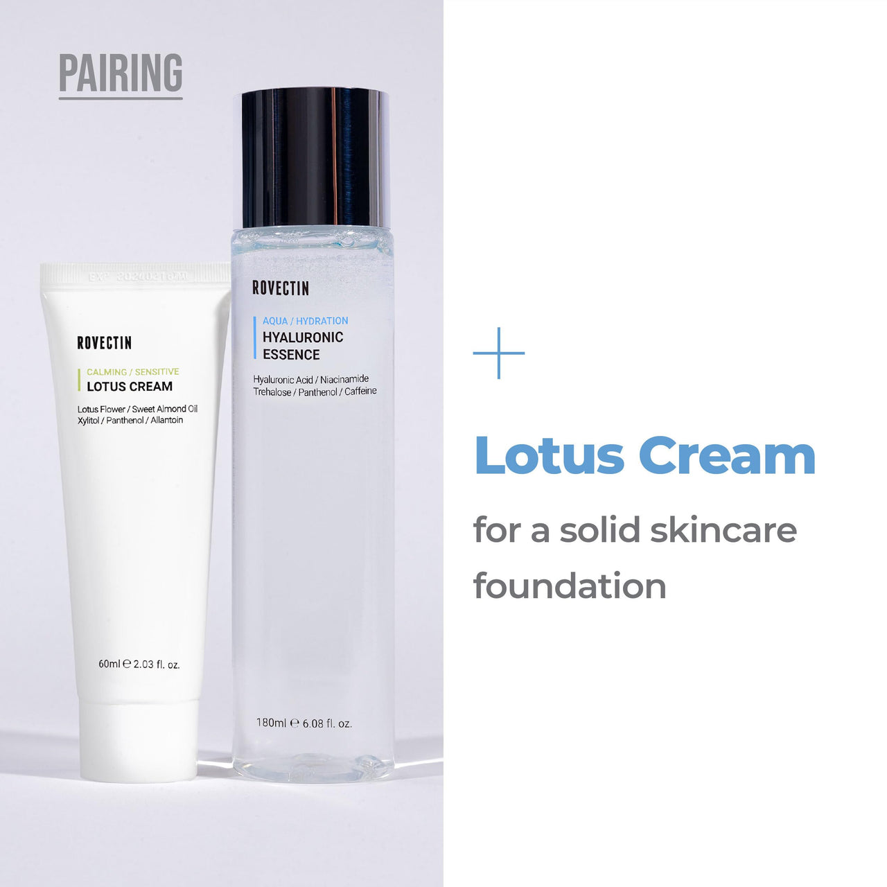 ROVECTIN Calming Lotus Water Cream (2.1 fl.oz) Moisturizer + Aqua Hyaluronic Essence (6.08 fl.oz) Facial Toner Bundle | Vegan Korean Skincare [2 Pack]
