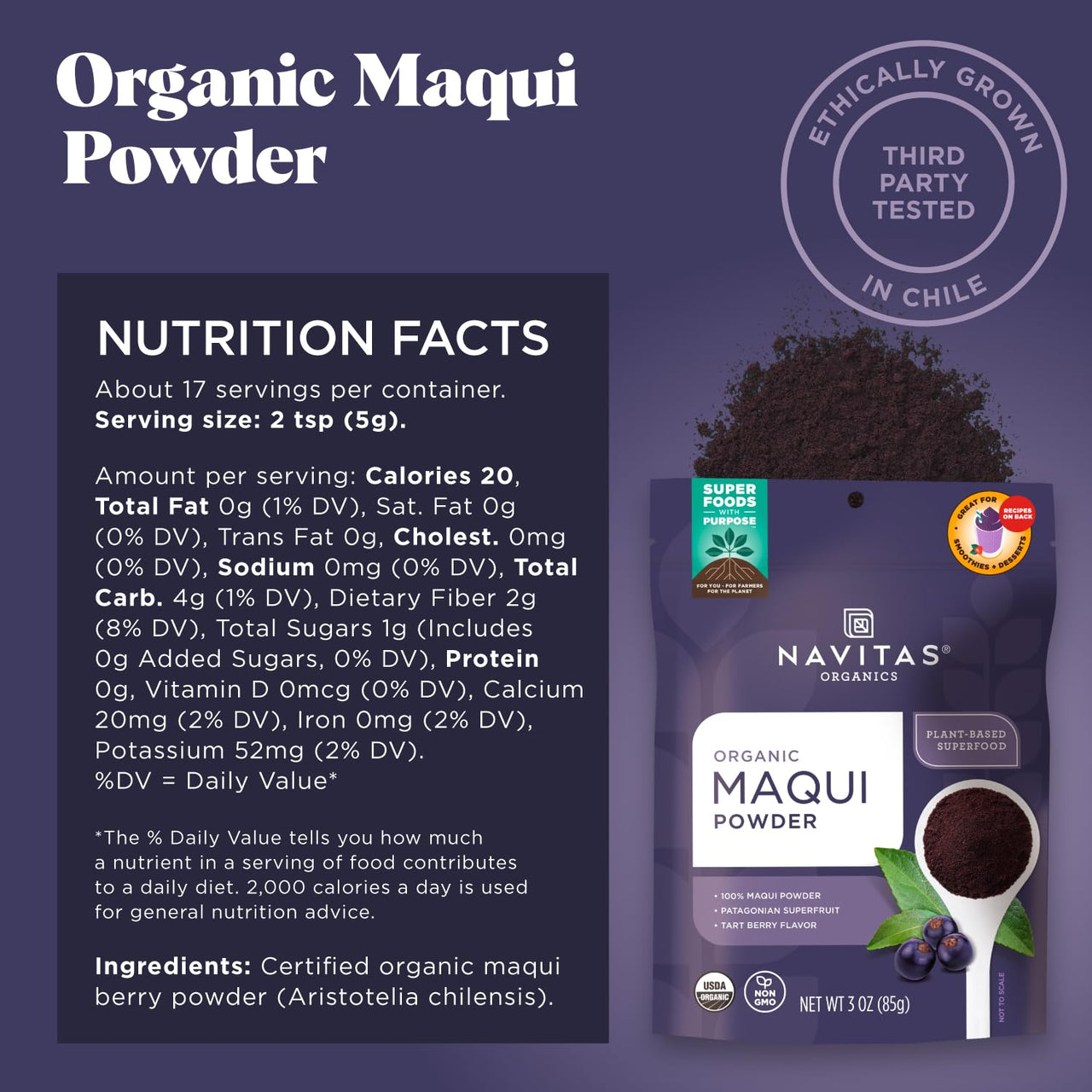 Navitas Organics Maqui Powder, 3 oz. Pouch, 17 Servings â€” Organic, Non-GMO, Freeze-Dried, Gluten-Free