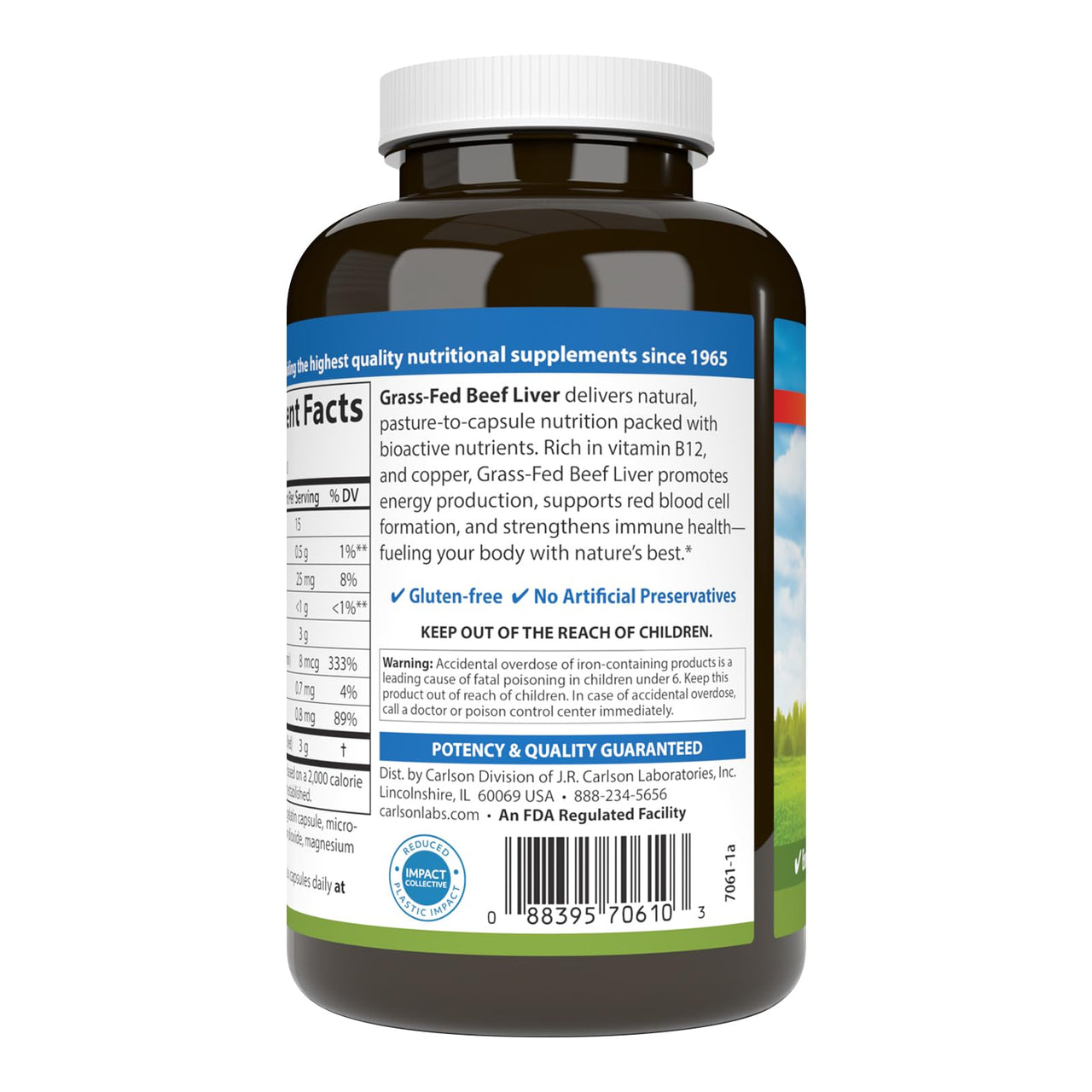 Carlson – Grass-Fed Beef Liver, with Iron & Copper, Supports Blood Health & Energy, Red Blood Cell Production, 180 Capsules