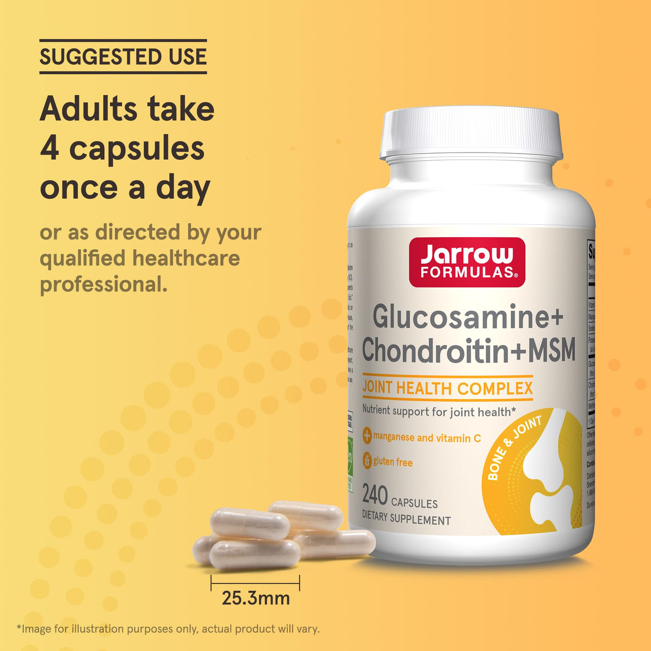 Jarrow Formulas Glucosamine, Chondroitin, and MSM Capsules; Joint Support Supplement with Vitamin C and Manganese, Bone & Joint Health, 240 Capsules, 60 Day Supply