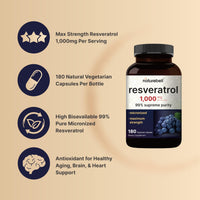 Thumbnail for NatureBell Resveratrol - 180 Vegetarian Capsules - 1,000mg Polygonum Cuspidatum Extract - Antioxidant Support - Heart, Brain & Immune Wellness*