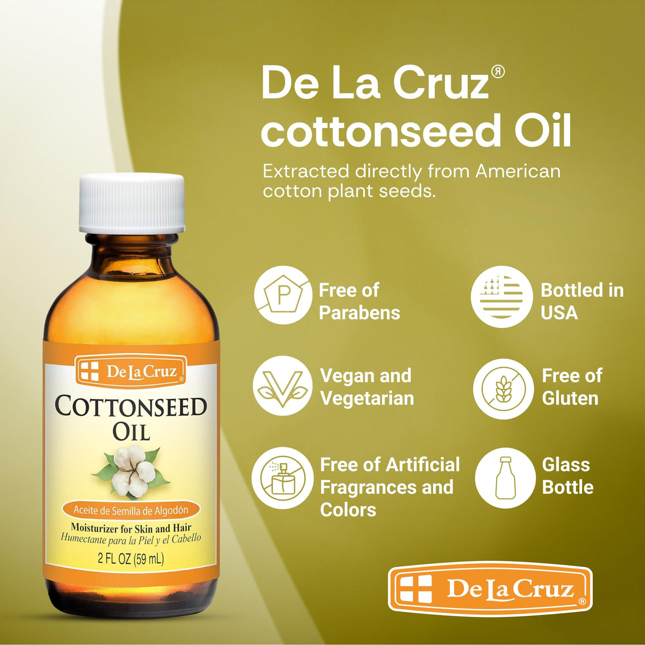 De La Cruz Cottonseed Oil - Moisturizer for Skin and Hair - Multipurpose Carrier Oil - 2 Fl OZ (1 Bottle)