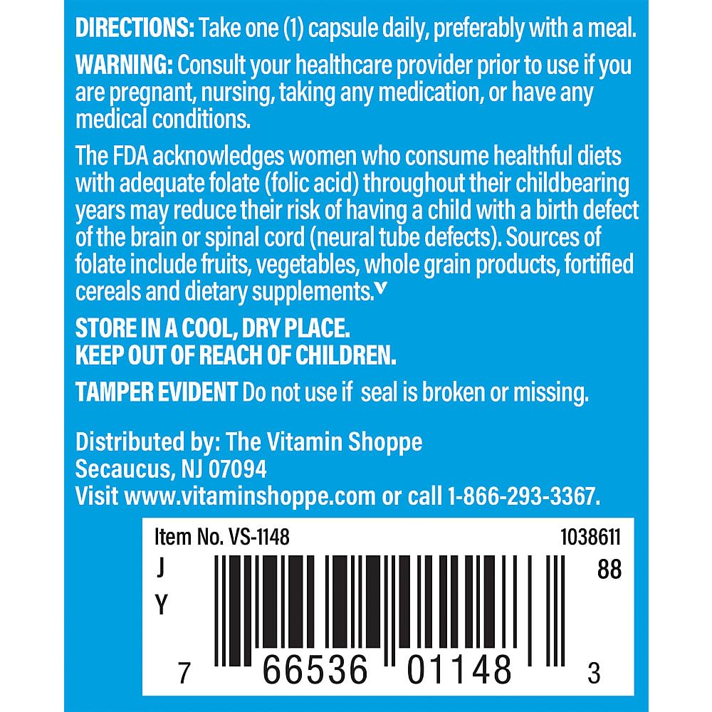 The Vitamin Shoppe Folic Acid 800MCG, Supports Prenatal Fetal (100 Capsules)