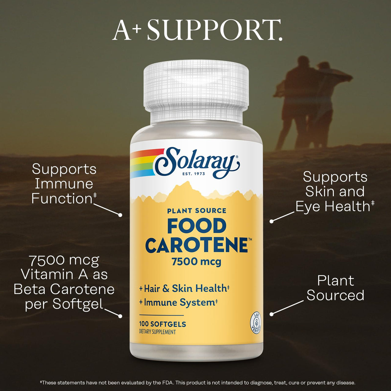 SOLARAY Food Carotene 7500mcg (25000 IU) - Beta Carotene Vitamin A Supplement - Wellness and Immune Support Supplement, Potent Eye Vitamins and Skin Food, Plant Sourced, 60-Day Guarantee, 100 Softgels