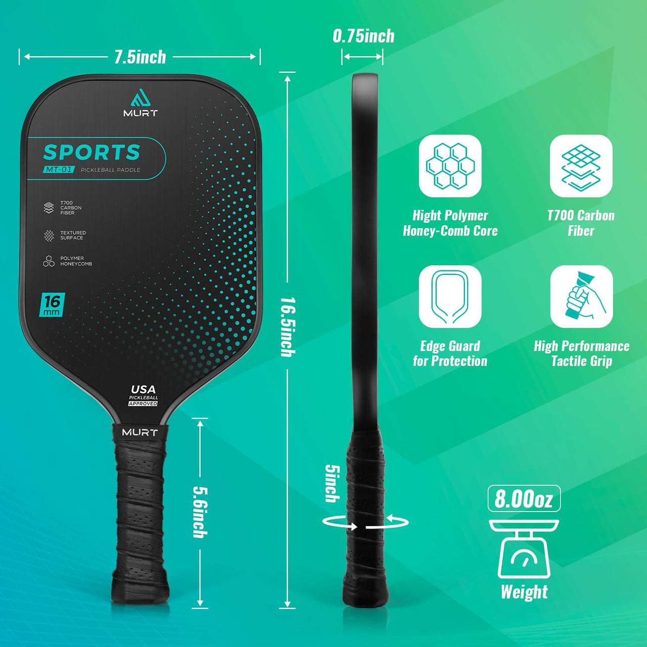 MURT Pickleball Paddle, T700 Carbon Fiber Pickleball Paddles with Cover,2024 USAPA Approved, High Grit & Spin, Honeycomb Core, Pickleball Gifts, 16mm