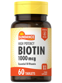 Thumbnail for Sundance High Potency Biotin 1,000 mcg Supplement | Essential B Vitamin Tablets | Vegetarian, Non-GMO & Gluten Free