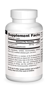 Thumbnail for Source Naturals Pantothenic Acid 250 mg Vitamin B-5 Dietary Supplement - 100 Tablets