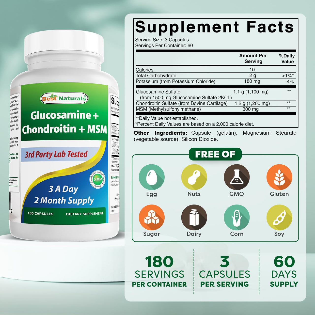 Best Naturals Glucosamine Chondroitin and MSM (Non-GMO) - Promotes Joint Health - 180 Count