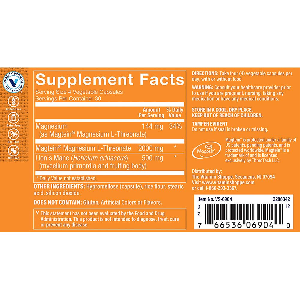 Magnesium L-Threonate with LionaTMs Mane & Magtein a Promotes Brain Health (120 Vegetable Capsules)