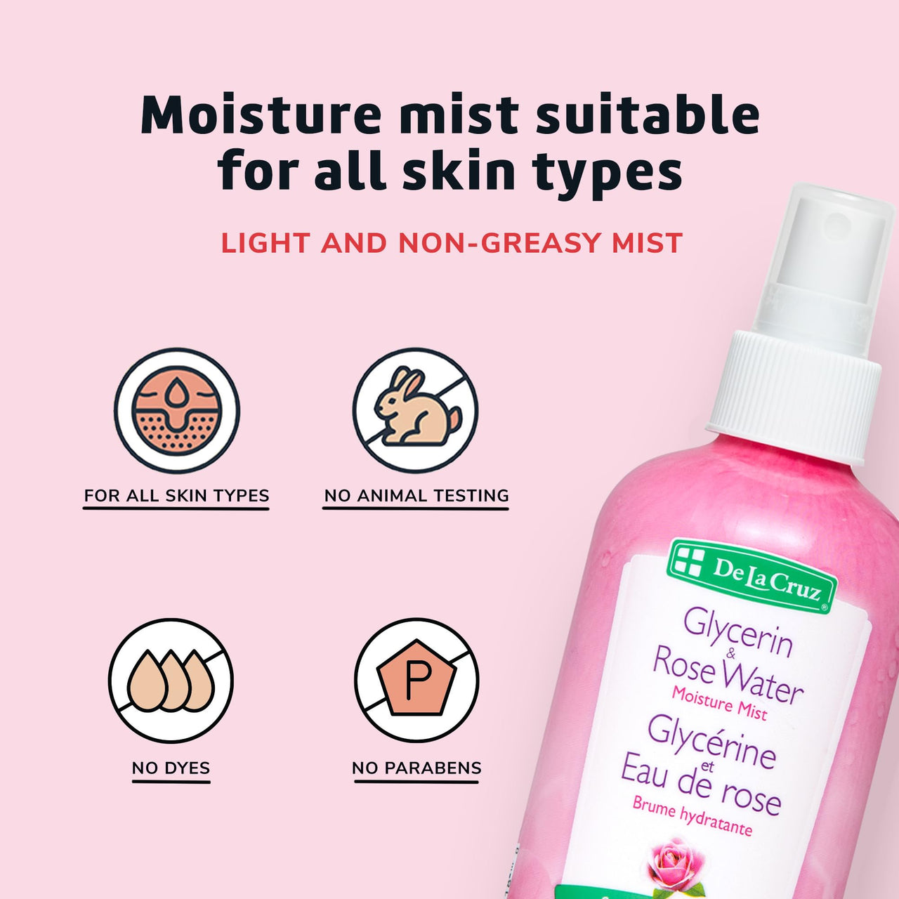De La Cruz Rose Water and Glycerin Spray for Face - Rosewater Facial Toner and Moisturizer Mist for Skin and Hair 8 fl oz (236 mL)