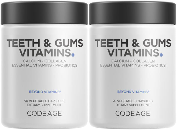 Codeage Teeth & Gums Vitamins + Oral Probiotics Supplement for Mouth - Whole Food Calcium, Collagen, Potassium, Vitamin C, D3, K2, Zinc – Oral Care & Dental Multivitamin Supplements - 2 Pack