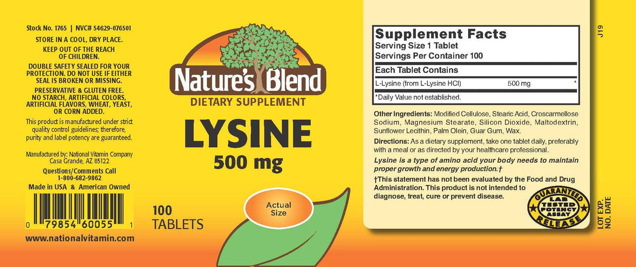 Lysine 500 mg 500 mg 100 Tabs