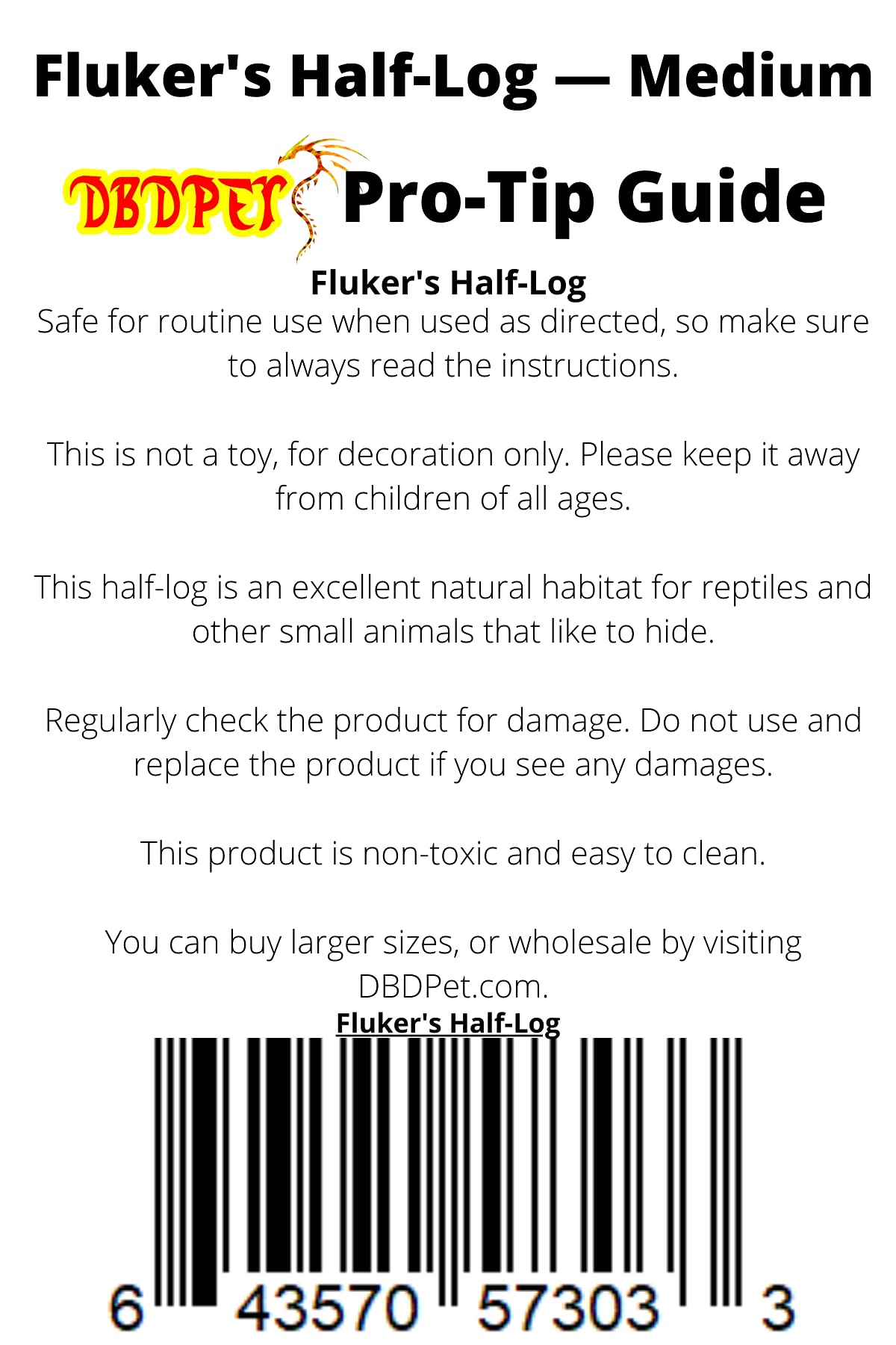 Fluker's Critter Cavern Half Log Hideaway Brown (Medium) - Includes Attached DBDPet Pro-Tip Guide