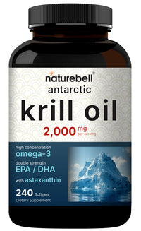 Thumbnail for NatureBell Antarctic Krill Oil 2000mg Supplement, 240 Softgels, 3X Strength Natural Source of Omega-3s, EPA 240mg + DHA 160mg + Astaxanthin 800mcg – No Fishy Aftertaste – Mercury Free & Non-GMO