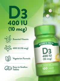 Thumbnail for Nature's Truth Vitamin D3 | 400 iu (10 mcg) | 100 Tablets | Vegetarian, Non-GMO, & Gluten Free Supplement