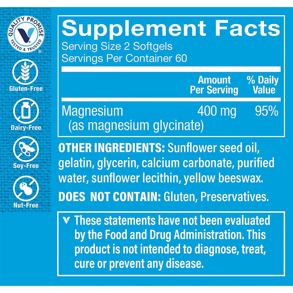 Magnesium Glycinate a Supports Energy Production & Cardiovascular Health a 400 MG (120 Softgels)
