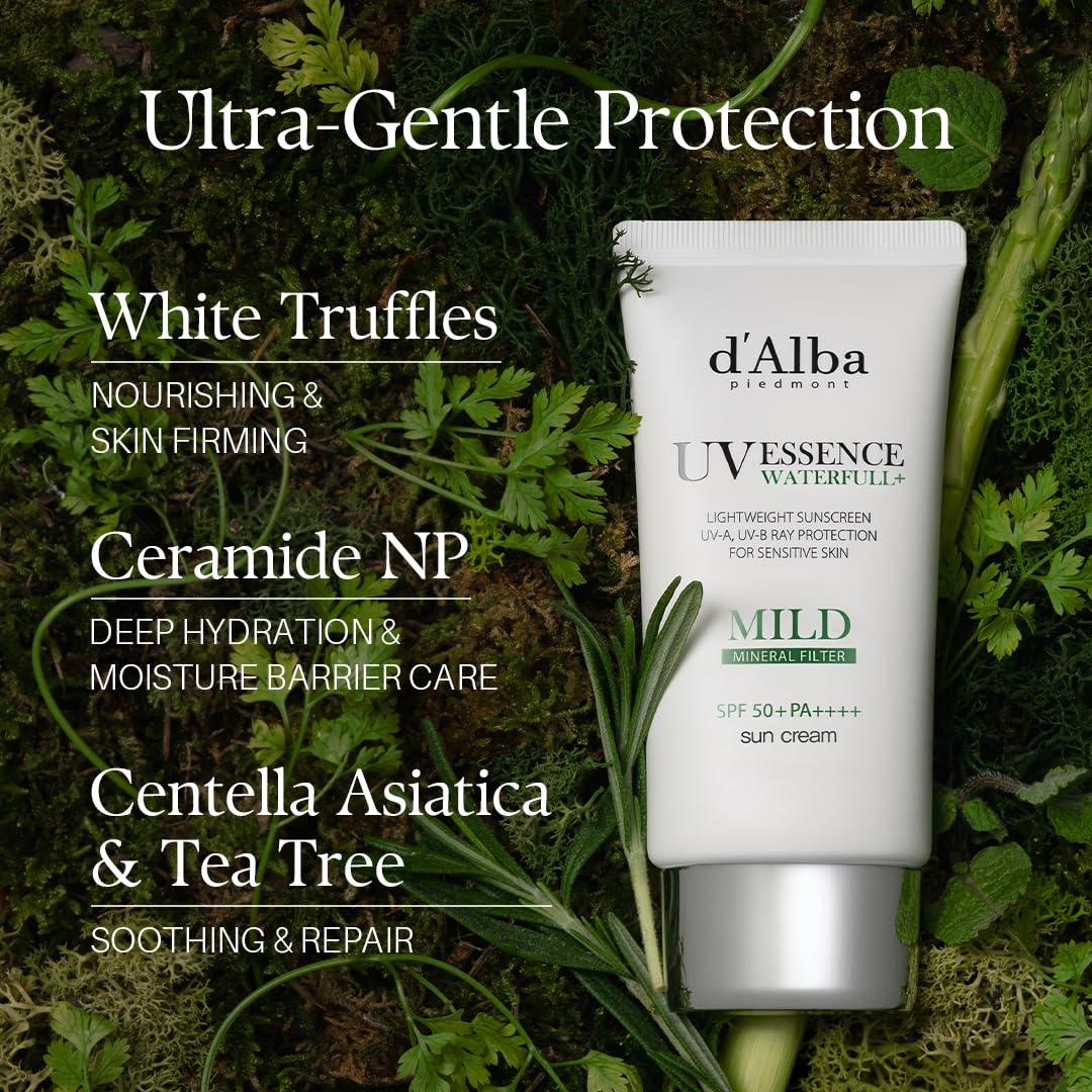 d'alba Piedmont Italian White Truffle Waterfull Mild Sunscreen, Vegan, Mineral Sunscreen, SPF 50+ PA++++, Non-Nano Sunscreen Suitable for all Sensitive Skin, Gentle & Light Finish, Korean Skincare