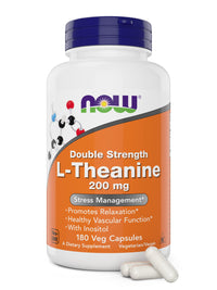 Thumbnail for NOW Foods L-Theanine, Double Strength 200 mg Per Cap - 180 Veg Capsules - Enhanced with 100mg Inositol - Vegetarian, Non-GMO - Ltheanine 200mg Supplement