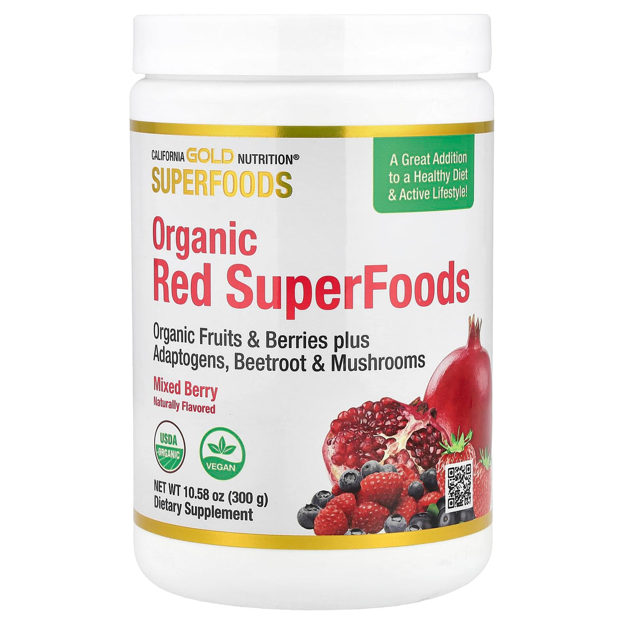 California Gold Nutrition Superfoods, Organic Red Superfoods with Organic Acai, Organic Blueberry, Organic Cranberry, and Organic Pomegranate Powders, Mixed Berry, 10.58 oz (300 g)