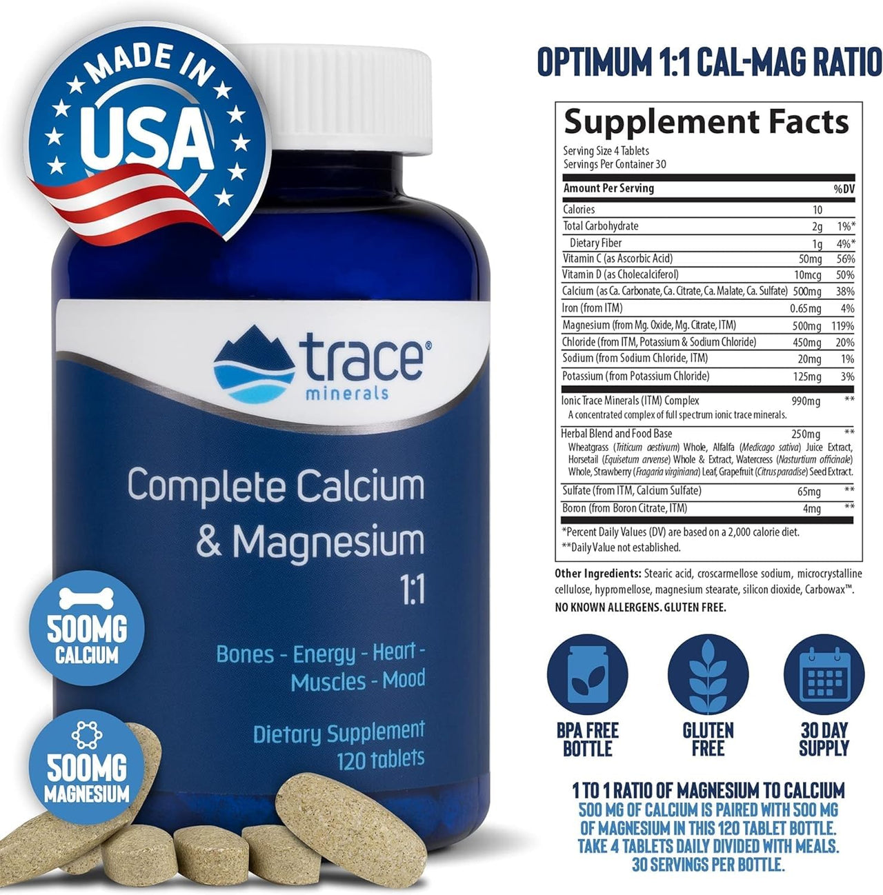 Trace Minerals Complete Calcium & Magnesium 1:1 - Dietary Supplement for Bone Health & Energy Support - Mineral Supplement to Aid Immune Health - Formula with Sea Minerals - 120 Tablets (30 Servings)