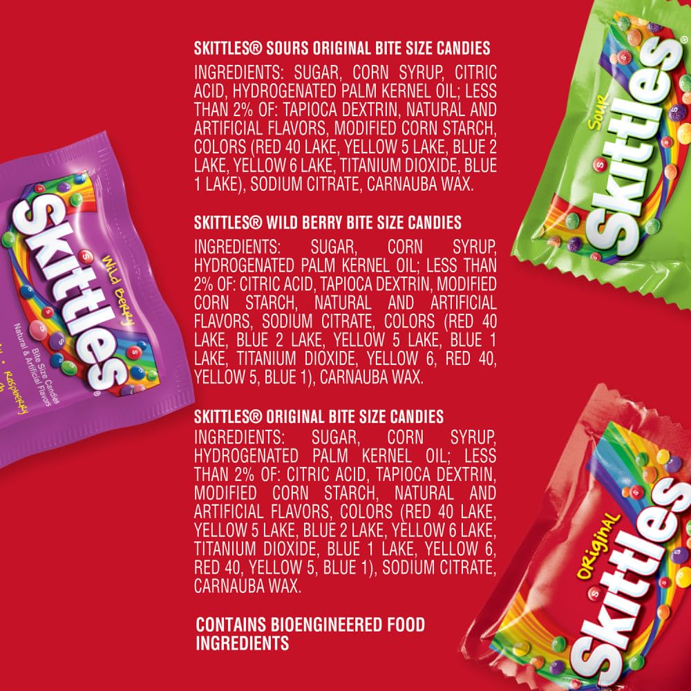 Wrigley's Skittles Fun Size Original, Wild Berry, and Sour Chewy Individually Wrapped Stocking Stuffers Christmas Candy Variety Pack, 26.46 Oz Bulk Bag
