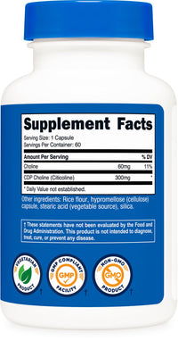 Thumbnail for Nutricost CDP Choline (Citicoline) 300mg, 60 Vegetarian Capsules - Non-GMO, Vegetarian Friendly, Gluten Free …