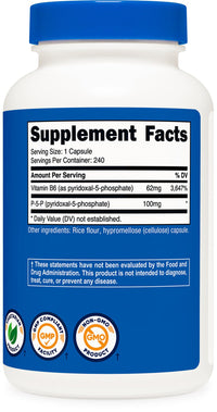 Thumbnail for Nutricost P5P Vitamin B6 Supplement 100mg, 240 Capsules (Pyridoxal-5-Phosphate) - Vegetarian Friendly, Non-GMO, Gluten Free