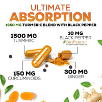 Thumbnail for Turmeric Curcumin Supplement - 95% Curcuminoids with Organic Turmeric & Ginger, BioPerine Black Pepper Extract for Best Absorption, Natural Vegan Joint Support, Non-GMO, Bottled in USA - 240 Capsules