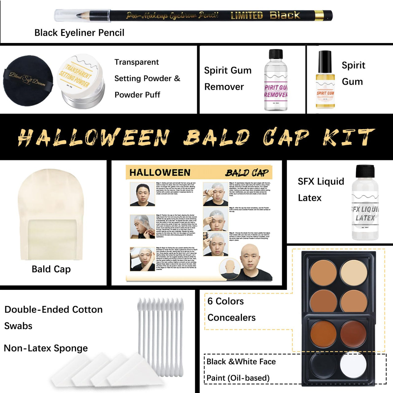 Actabostte Halloween Bald Caps Costume Kit for Woman & Men - Realistic Latex Bald Cap with Adhesive Glue & Remover - Complete Makeup Set for Halloween, Zombie, Cosplay, Costume, SFX, Dress-Up Party