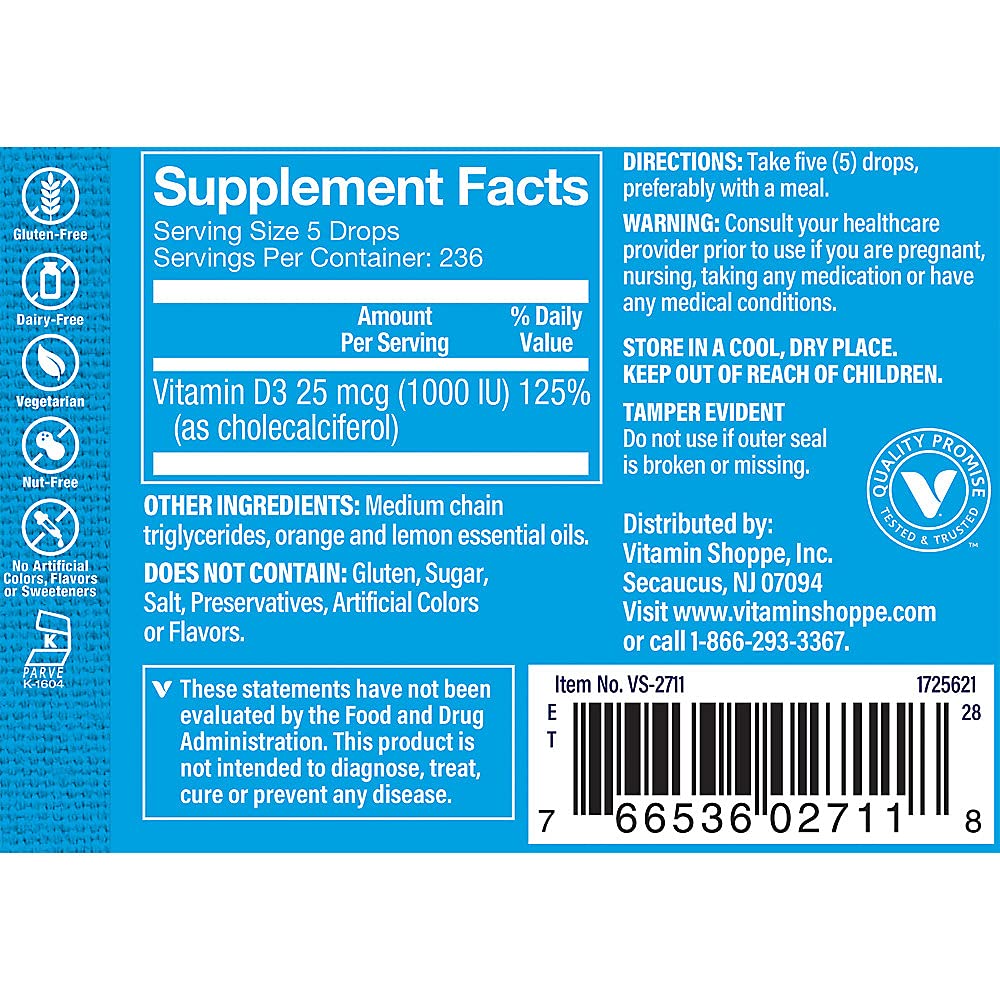 The Vitamin Shoppe Vitamin Liquid D3 1000IU | Supports Bone & Immune Health | Aids in Healthy Cell Growth & Calcium Absorption, Citrus Flavor, 1 Fluid Ounce