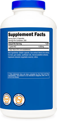 Thumbnail for Nutricost L-Lysine 1000mg Per Serving, 250 Servings, 500 Capsules - Gluten Free, Non-GMO, 500mg Per Capsule