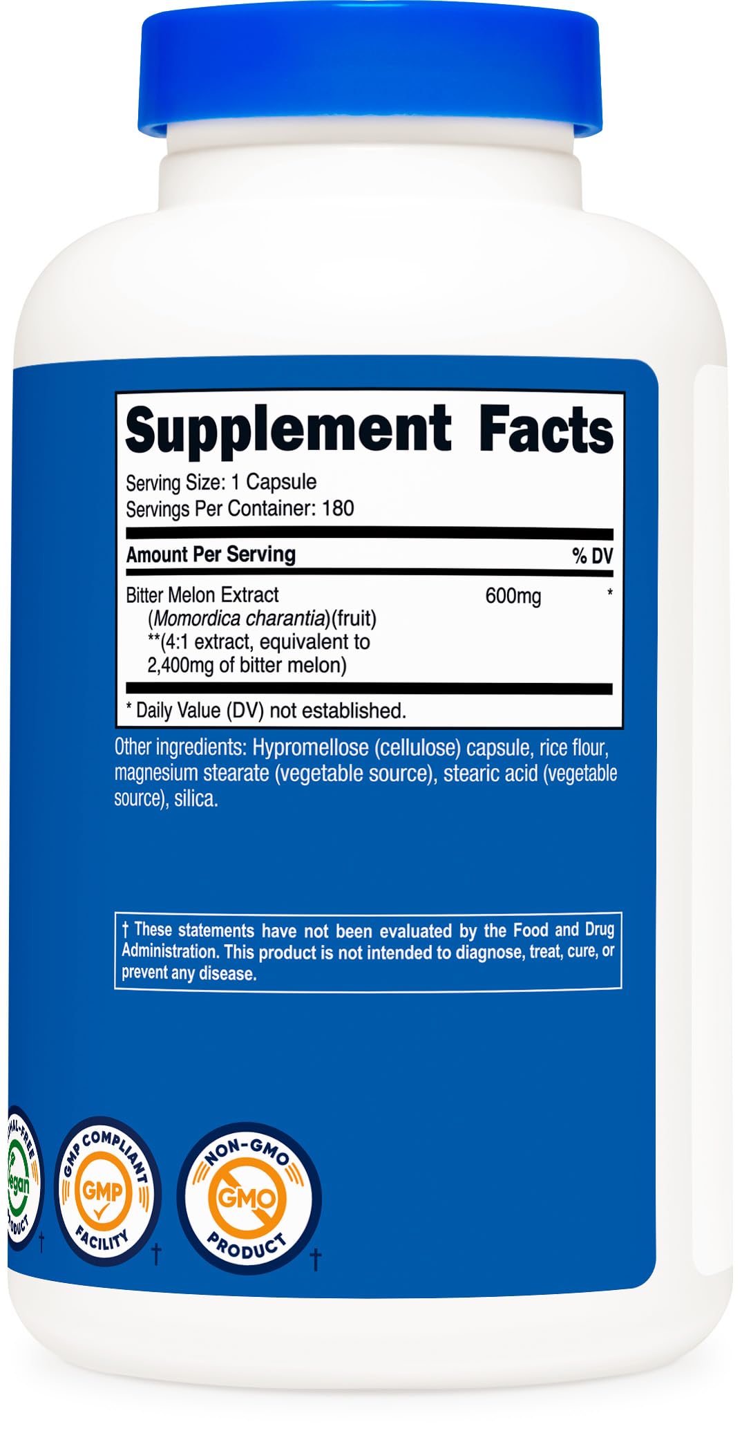 Nutricost Bitter Melon 2,400mg Equivalent from 600mg of 4:1 Extract Per Serving, 180 Capsules for 180 Servings Per Bottle - Momordica Charantia, Vegan, Gluten Free and GMO Free
