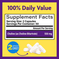 Thumbnail for InnovixLabs Choline Supplement 550mg Pure Choline Bitartrate for Brain Health, Focus, Memory, Cognitive Development, Fatty Liver and Mood Support for Women and Men, 100 Capsules