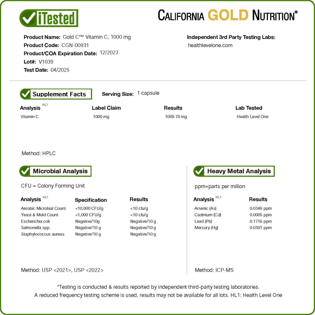 California Gold Nutrition Gold C™, USP Grade Vitamin C, 1,000 mg, 60 Veggie Capsules