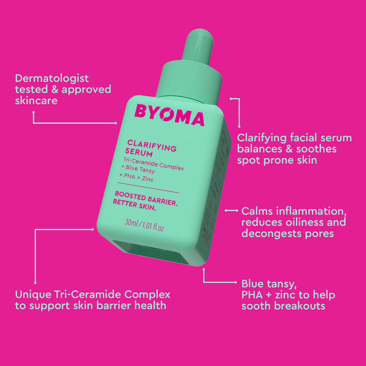 BYOMA Clarifying Serum - Barrier Repair Serum - Clarifying Facial Serum for Acne Prone Skin - Calming Face Serum with Ceramides, Blue Tansy, PHA & Zinc - Balanced & Healthy Skin - 1.01 fl. oz