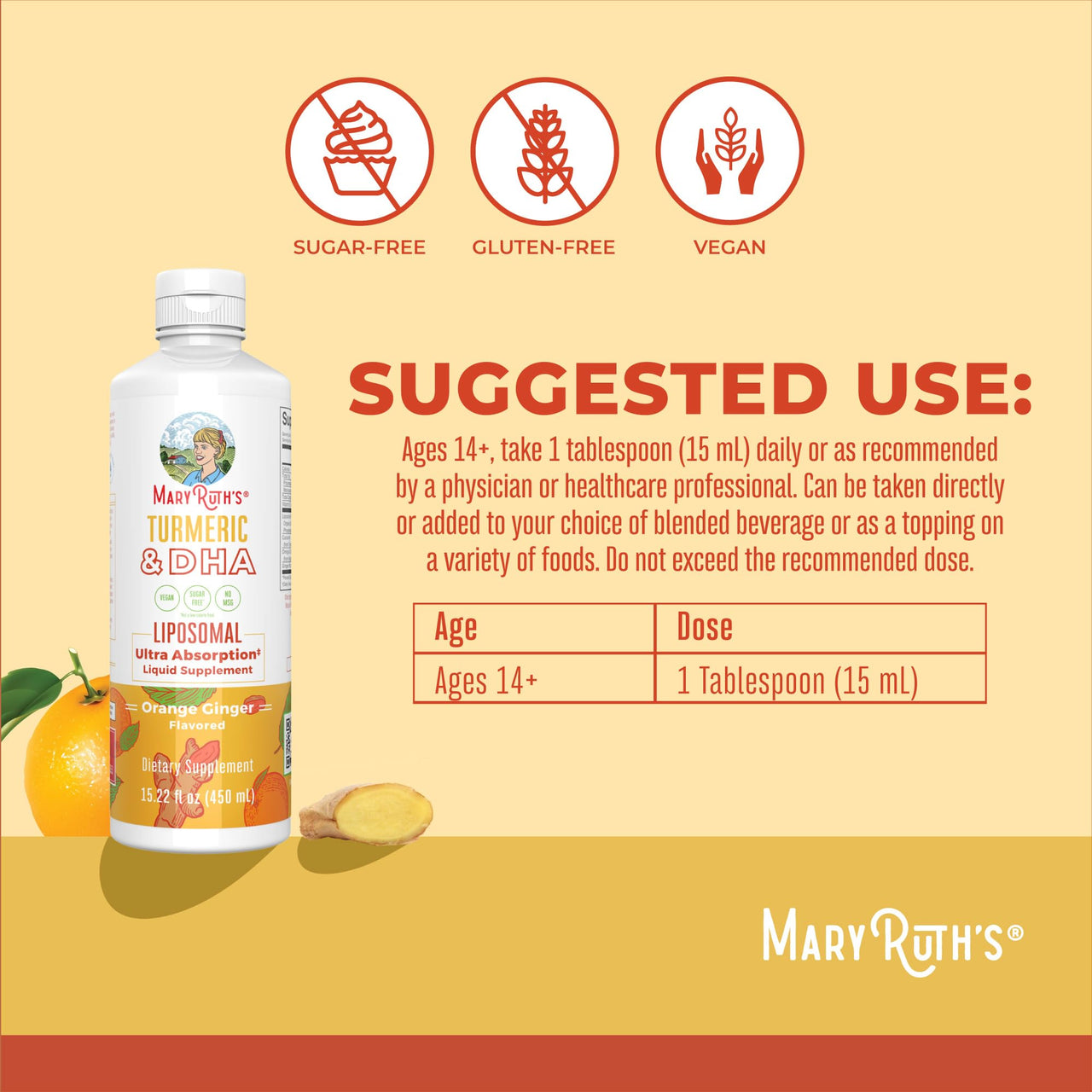 MaryRuth Organics | Liposomal Turmeric & DHA | Curcumin | Ginger Root Oil | Algal DHA & Vitamin E | Cognitive Function | Mood Support | Joint Health | Liquid Supplement | 15.22 oz