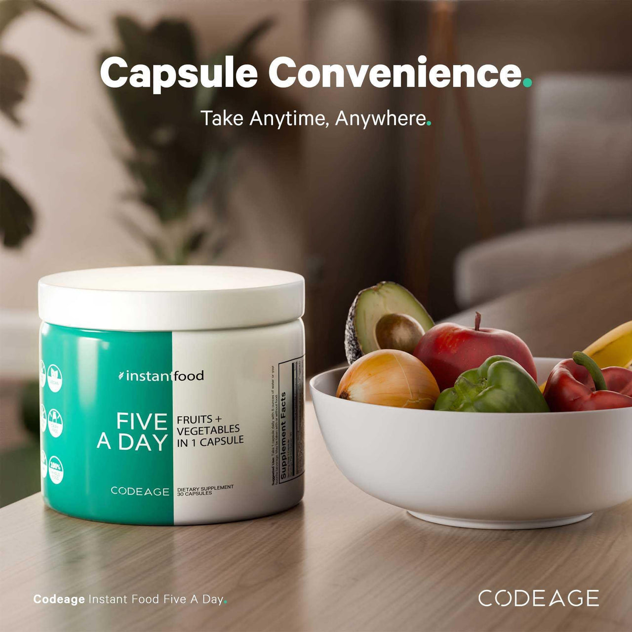 Codeage Instantfood Five A Day – Fruits & Vegetables Capsule Supplement – Whole Food Phytonutrients – 15 Fruits and Veggies Blend - Vegan, Non-GMO – 30 Capsules