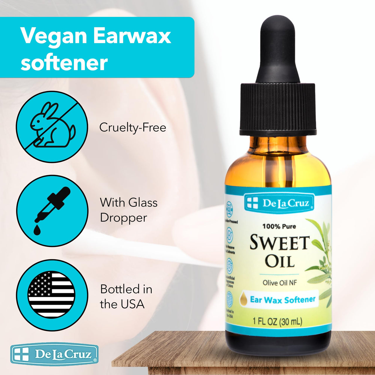 De La Cruz Ear Wax Remover and Earwax Softener, 100% Pure Sweet Oil for ears, Gentle and Natural Ear Oil - 1 Fl OZ