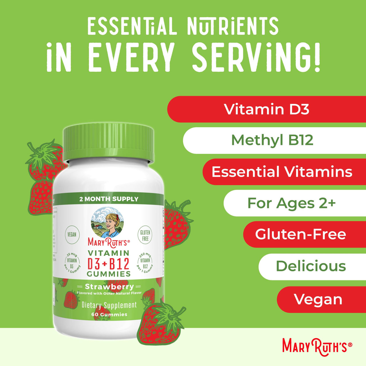 MaryRuth Organics Vegan Vitamin D3 + Vitamin B12 Gummies | 2 Month Supply | Supports Bone Health | Immune Support Supplement | Energy Supplements | Methyl B12 Vegan Non-GMO Gluten Free | 60 Servings